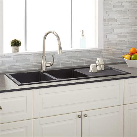 Blanco truffle 441286 diamond silgranit equal double bowl undermount kitchen sink. 46" Tansi Double-Bowl Drop-In Sink with Drain Board ...