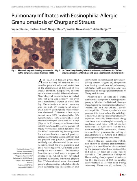 Pdf Pulmonary Infiltrates With Eosinophilia Allergic Granulomatosis