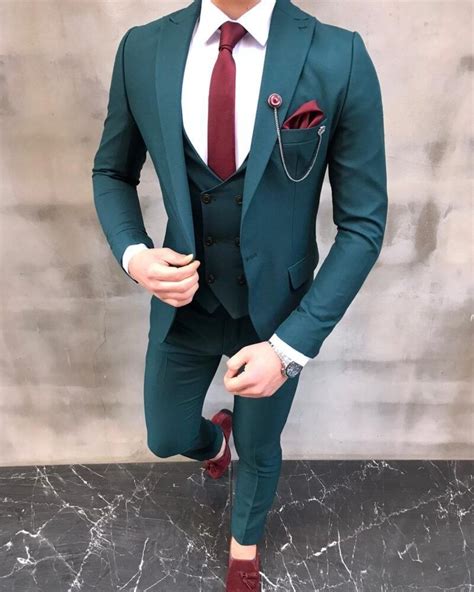 Men Suit Groom Wedding 2 Piece Green Suit Slim Fit Green Double