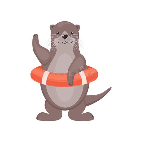 Otter Cute Smiling Otter In An Orange Lifebuoy Otter Rescuer Waving