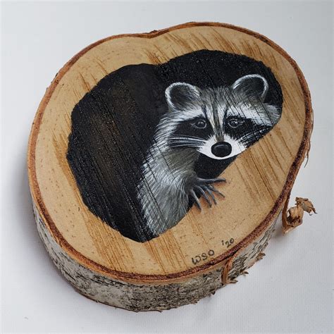 This Cute Hand Painted Racoon On A Slab Of Birch Wood Is A Etsy