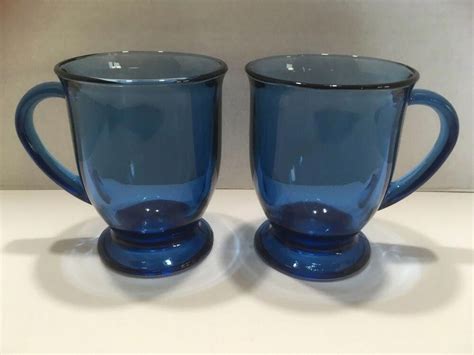 Vintage anchor hocking cobalt blue 14oz glass mug. 2 ANCHOR HOCKING COBALT BLUE GLASS COFFEE CUPS MUGS FOOTED ...