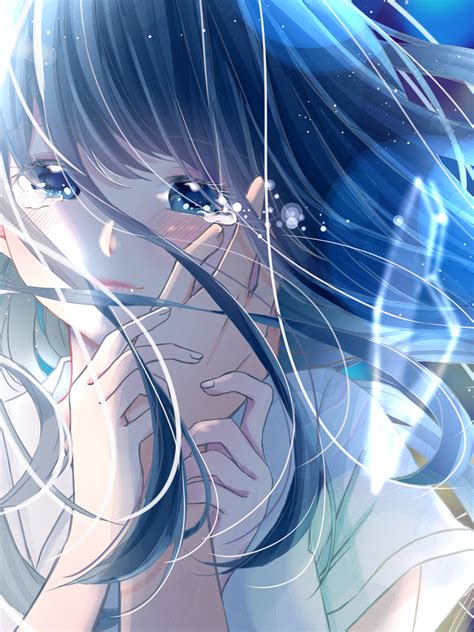 Download 1536x2048 Anime Girl Crying Romance Long Hair Tears Hands Wallpapers For Apple