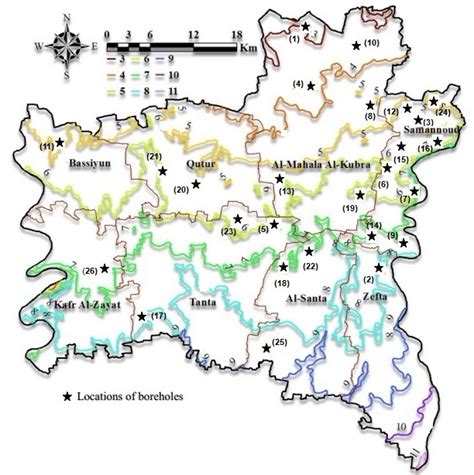 Maps of cities and regions. Elevation contours (m) of the Gharbia governorate with the ...