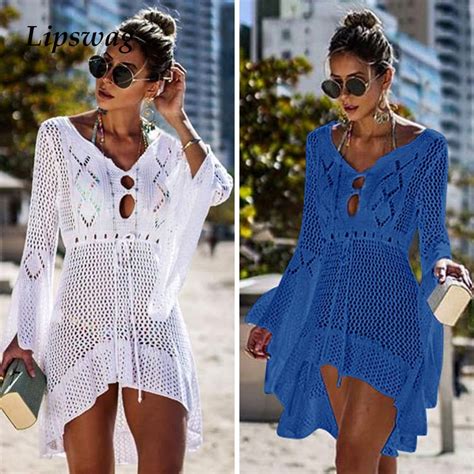 Women Crochet Solid Cover Ups Beach Wear Summer Sexy Mesh Beach Dress