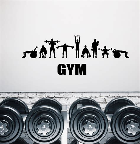 Vinyl Wall Decal Sport Fitness Gym Sign Word Barbell Dumbbell Stickers