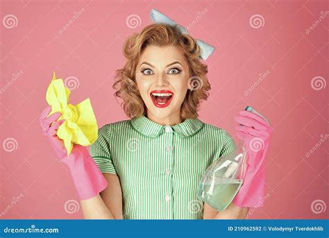 Excited Housekeeper Woman In Uniform With Clean Spray Sponge Pinup