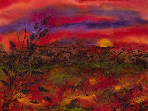 Colorful Contemporary Abstract Sunset Landscape Painting Mixed Media