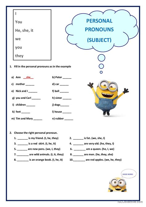 Personal Pronouns Subject English Esl Worksheets Pdf Doc