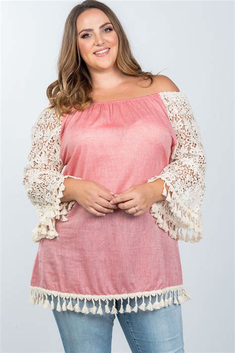 Plus Size Boho Off The Shoulder Tassel Top Pink 2xl In 2021 Plus Size Fashion Ladies Tops