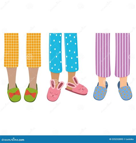 Legs Of Girls In Pajamas And Slippers Color Isolated Vector