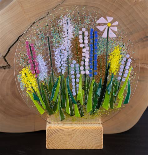 Fused Glass Wild Flower Plate Sun Catcher Spring Summer Flowers