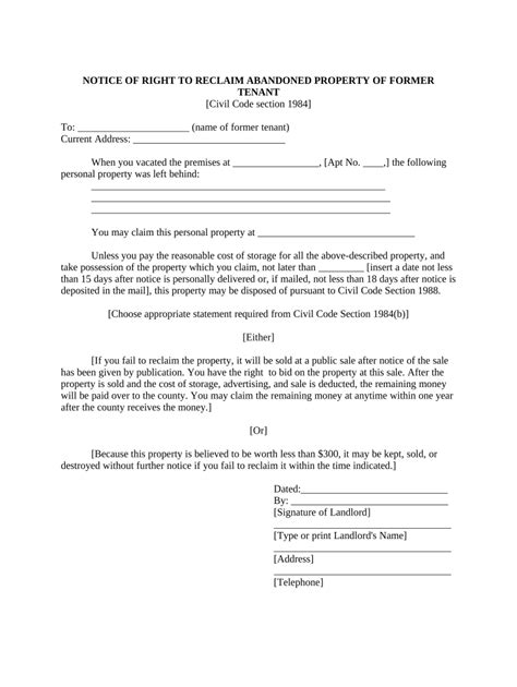 Right To Reclaim Abandoned Property Form California 2020 Fill Out And