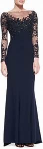 Ml Lhuillier Embroidered Sleeve Bodice Gown Navy 2172949