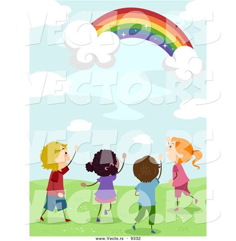 Vector Of Happy Kids Looking At A Magical Rainbow In A Sky With