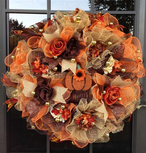 Autumn Ruffle Design Deco Mesh Wreath In Orange Etsy Fall Deco Mesh