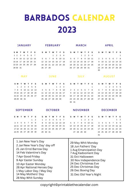 Barbados Calendar 2023 With Holidays Printable Template