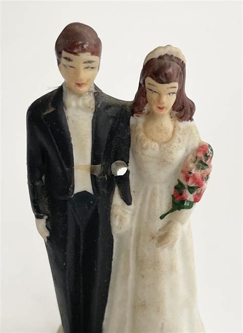 Vintage Wedding Cake Topper Bride And Groom Hand Painted Black And White Ceramic Porcelain