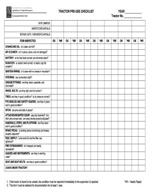 Engines, parts & shop equipment; Tractor checklist template