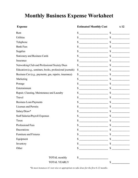 Free Business Income And Expense Worksheet