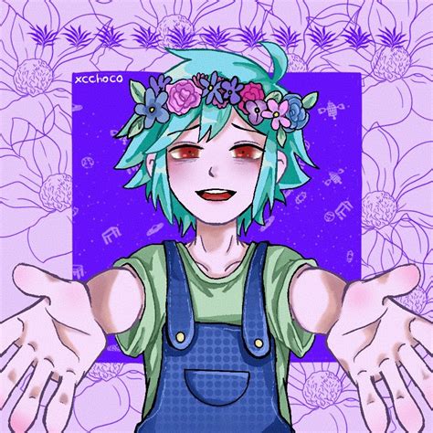 An Anime Character With Blue Hair And Flowers On Her Head Holding Out