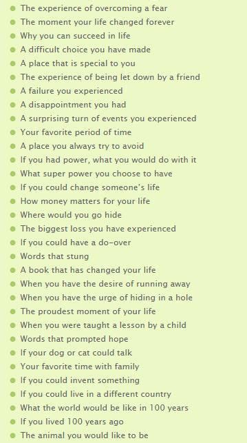 100 Personal Essay Topics. This list has some really good prompts! http