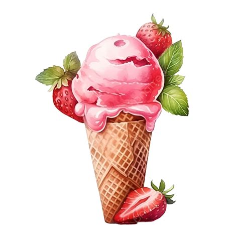 Strawberry Ice Cream Watercolor Strawberry Ice Cream Dessert Png