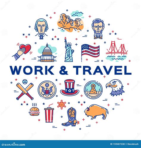 Usa Linear Icons Work And Travel Usa Circle Infographics American