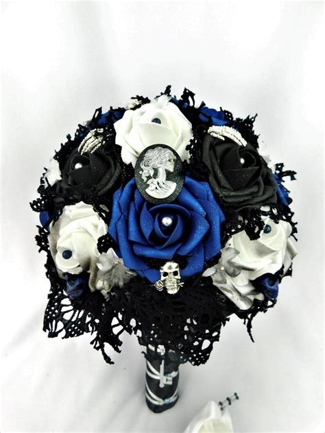 Gothic Wedding Bridal Bouquet Flowers Royal Blue White Black Etsy