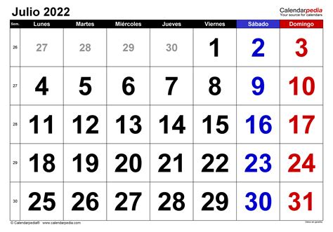 Calendario Julio 2022 En Word Excel Y Pdf Calendarpedia