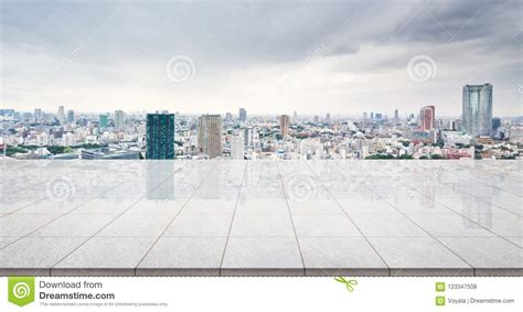 Empty Marble Floor Top With Panoramic Modern Cityscape Building