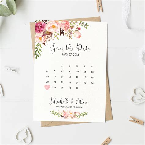 Save The Date Card Floral Calendar Save The Date Etsy Save The Date