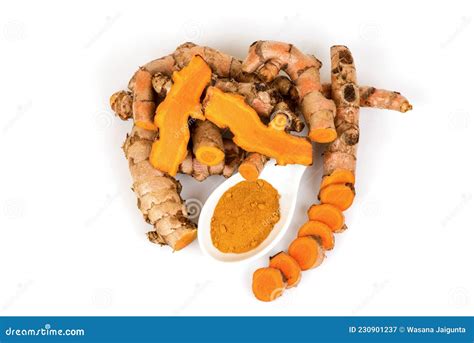 Turmeric Rhizome And Powder Isolated On White Background Top View Flat