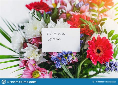 Card Thank You In A Beautiful Bouquet Of Flowers Stock