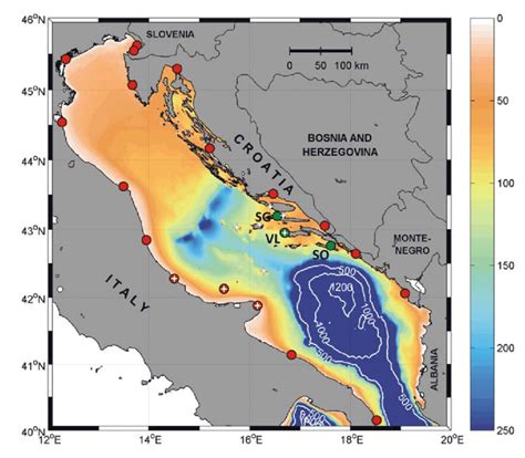 The Bathymetry Of The Adriatic Sea With Operating Tide Gauges