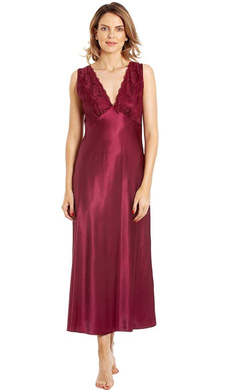 Ladies Long Satin Nightdress Built Up Shoulder Lace Detail Ebay