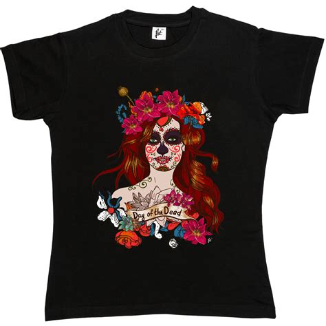 Day Of The Dead Mexican Sugar Skull Woman Womens Ladies T Shirt Short Sleeve Round Collar Cotton