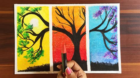 A Tree In Three Season Drawing Easy Oil Pastel Drawing For Beginners