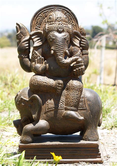 Sold Stone Ganesha Seated On Elephant Statue 24 85ls146
