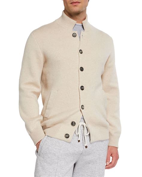 Brunello Cucinelli Mens Cashmere Baseball Cardigan In Beige Modesens