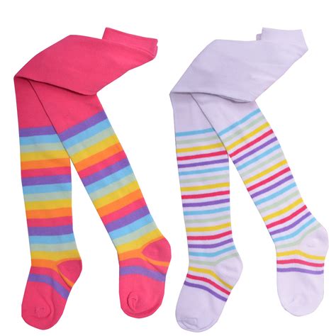 Girls 2 Pack Tights Kids Unicorn Design Rainbow Stripes Cotton Size 15