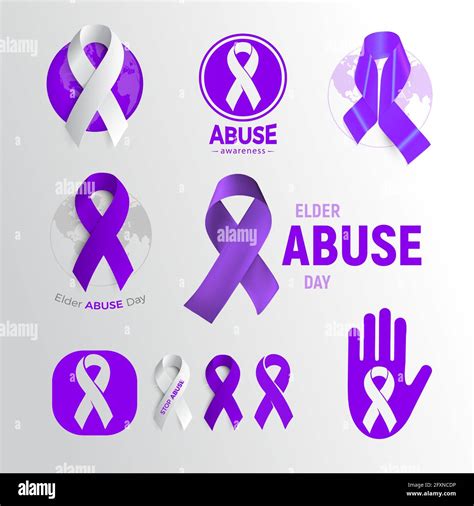 Elder Abuse Awareness Day Icon Set Purple Ribbon Collection Domestic