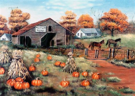 Barn Pumpkins Primitive Fall Folk Art Print Farm Autumn Trees Horse