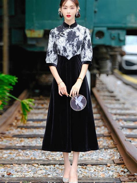 black colorblocked velvet winter cheongsam qipao dress cozyladywear