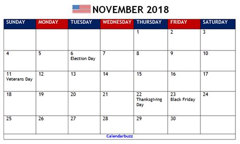 November 2018 Calendar With Holidays Printable Holiday Calendar