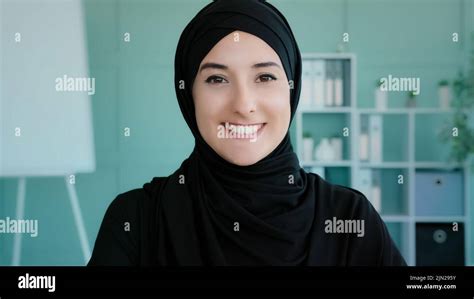 Female Portrait Happy Arabian 20s Girl In Black Hijab Islamic Muslim Woman Posing Indoors