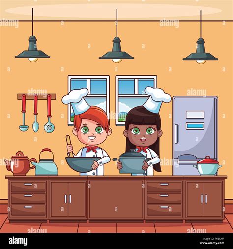 Chef Kids Cooking At Kitchen Cartoons Vector Illustration Graphic