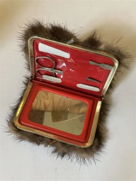 Vintage Fur Covered Manicure Grooming Kit Nail Snap Closure Mirror Fs 19 99 Picclick