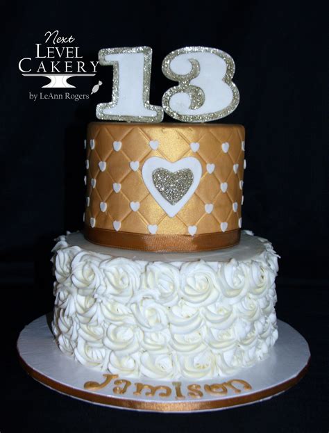 Gold And Ivory Cake 13 Year Old Girl Cake Hearts Rosettes Cake 13th Birthday Cake For Girls