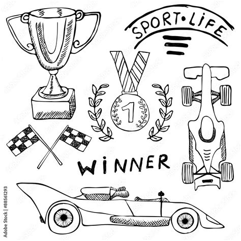 Sport Auto Items Doodles Elements Hand Drawn Set With Flag Icon